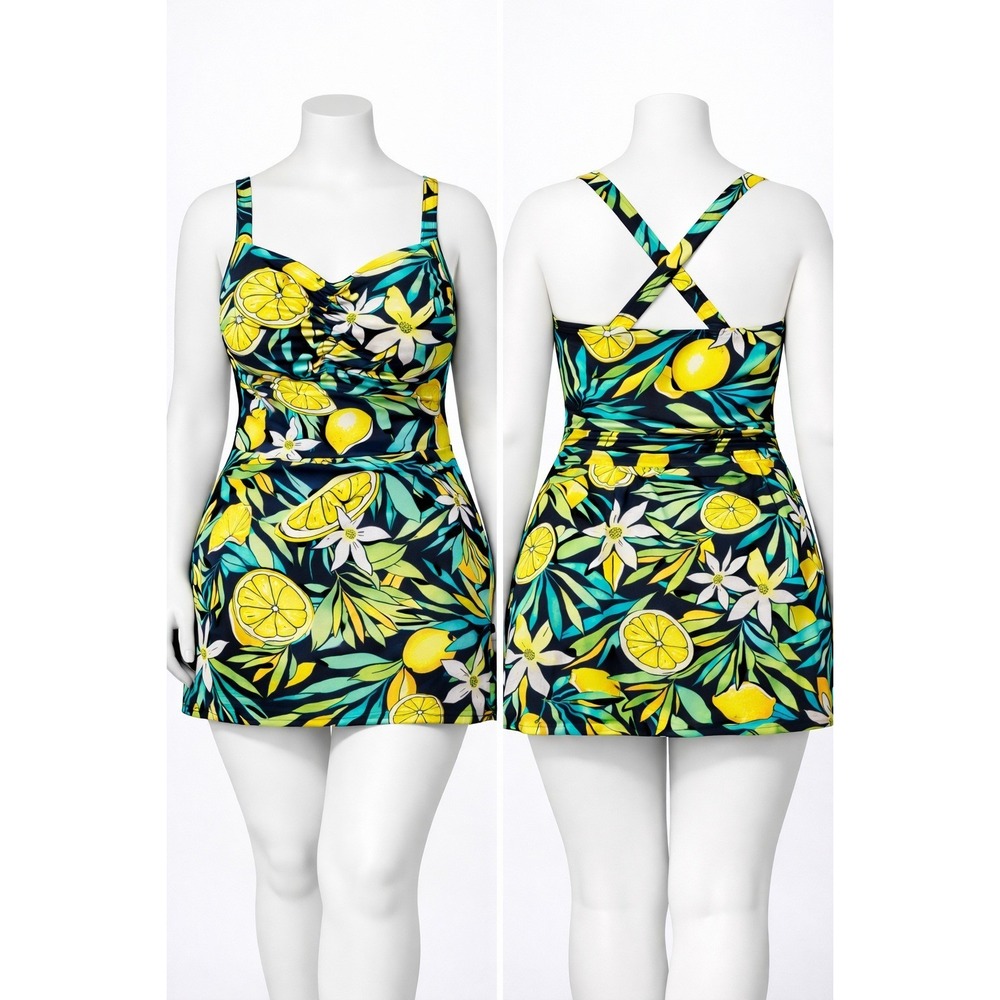 Denim & Co Womens 12 Lemon‎ Print Sweetheart Twist Front Swim Dress Black NWOT